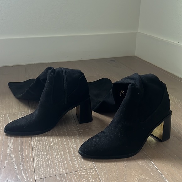 Zara Over The Knee Black Fabric Boots Block Heel with Gold Heel Accents Size 36 - Picture 3 of 10